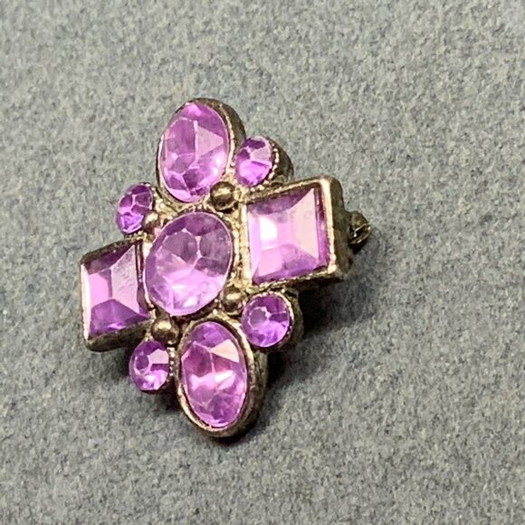 Art Deco Brooch Pin 1 In Purple Pink Rhinestone Gunmetal Silver Retro Geometric - Picture 2 of 4
